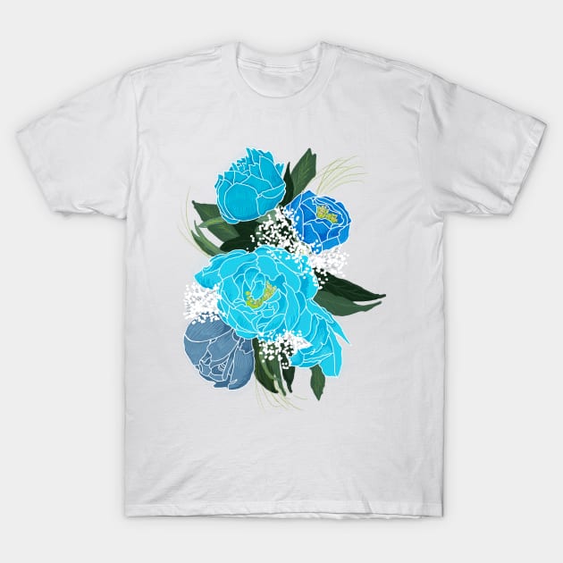 Blue Peonies T-Shirt by Celynoir